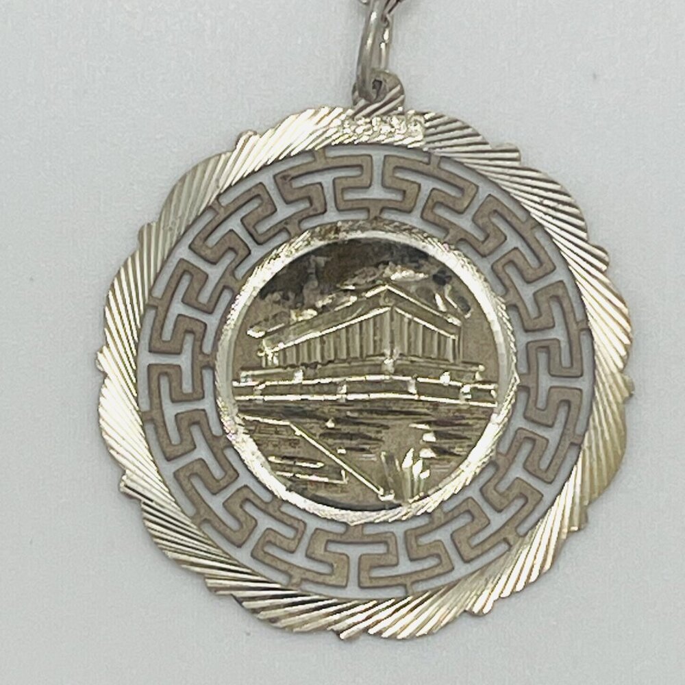 Vintage 1970s Sterling Silver Parthenon Necklace with 24" Chain - Made in Greece